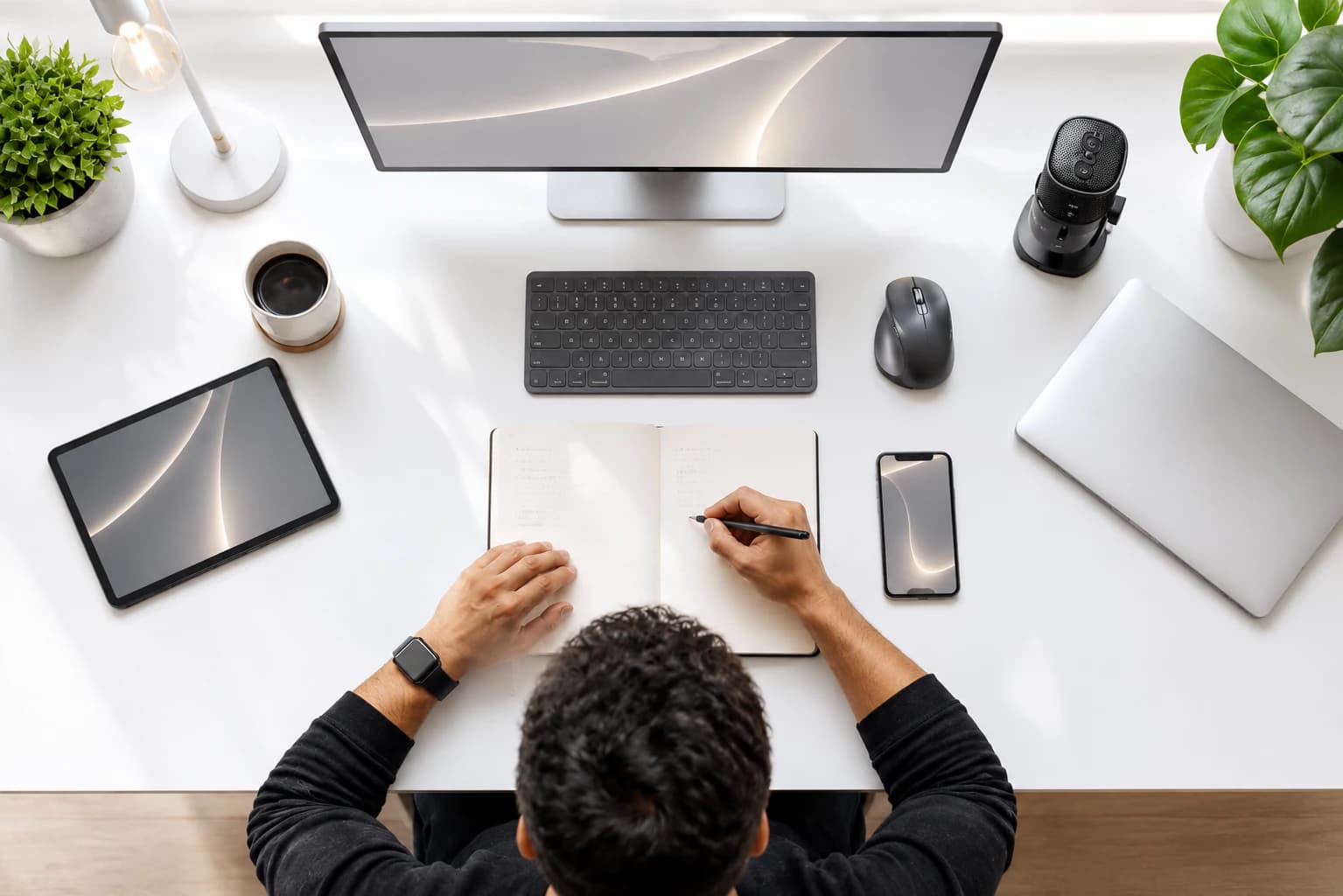 Aerial view of a person at a minimal desk surrounded by glowing ReNote products
