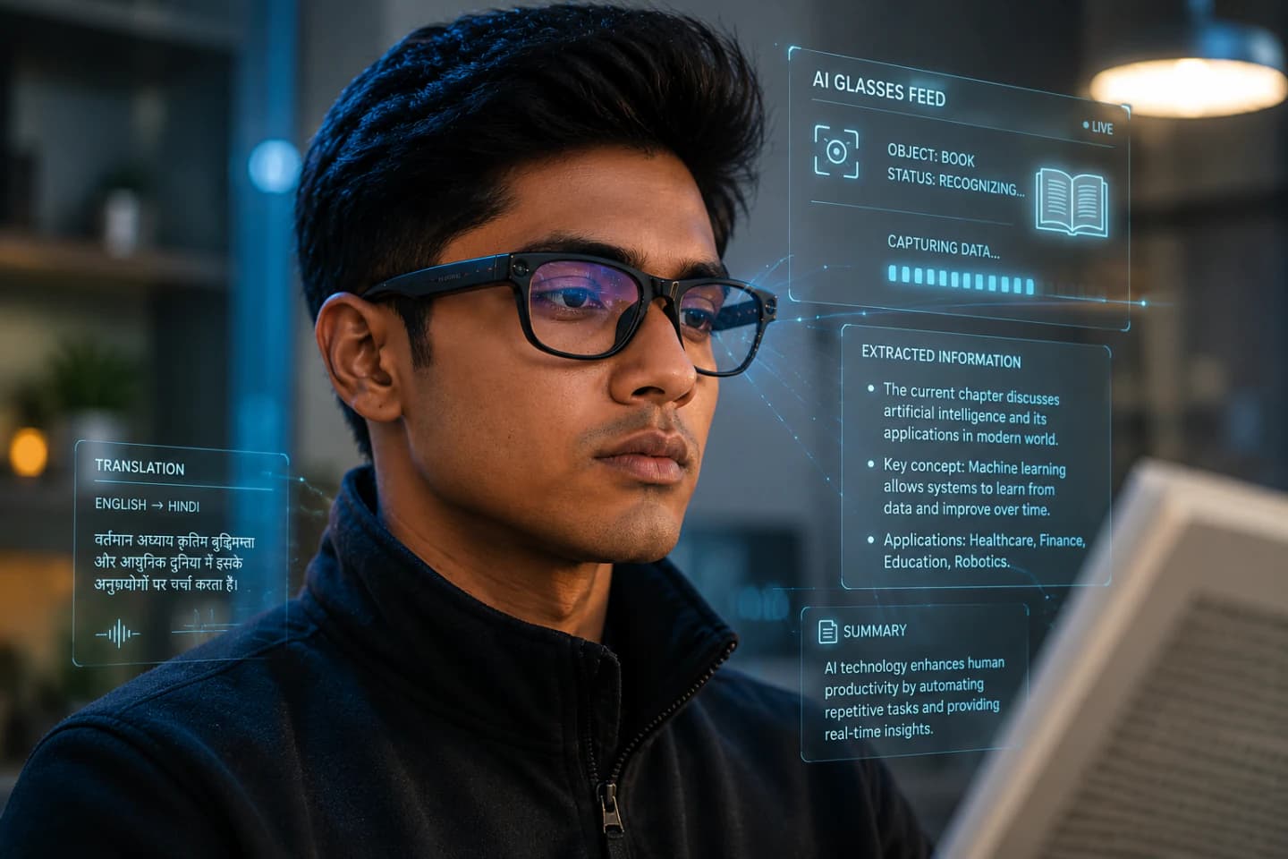 Close-up of a person wearing futuristic ReNote AI glasses in a city at dusk