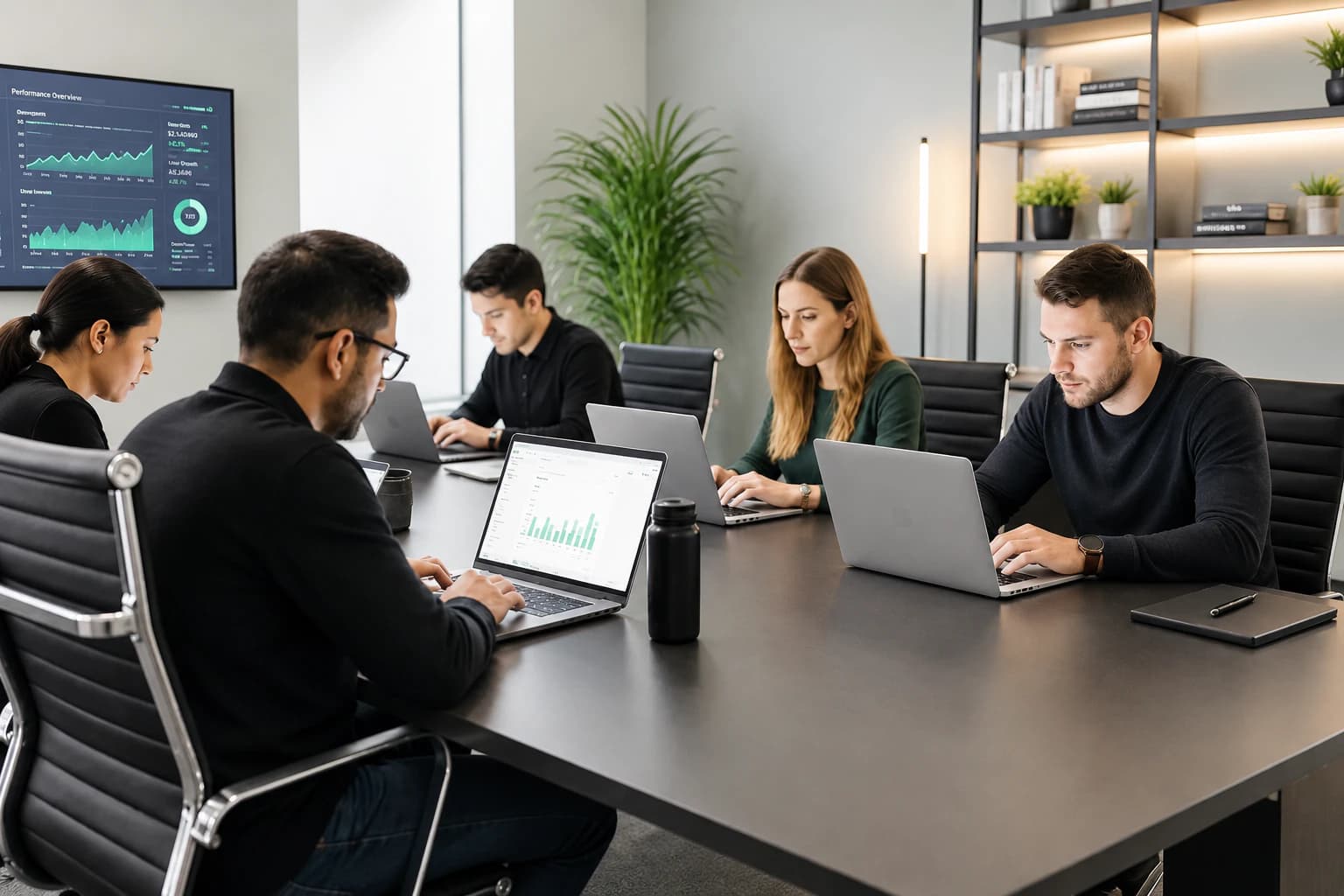 Professional team in a modern dark conference room with glowing laptop screens