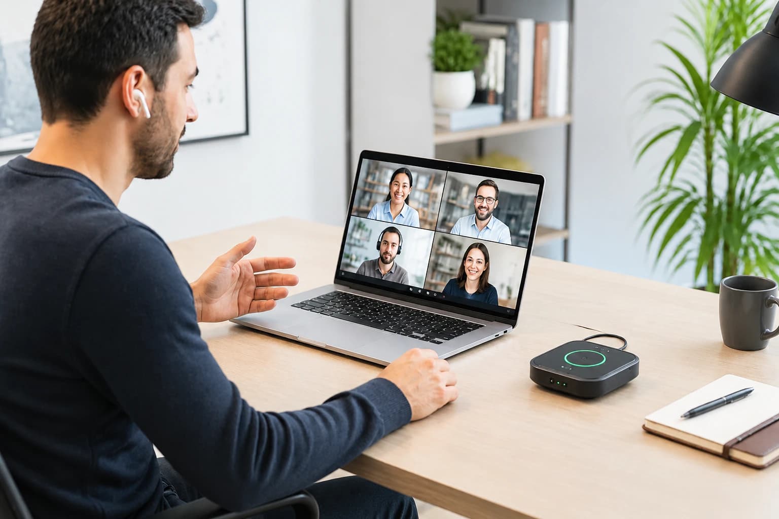 Professional at a dark desk on a video call with a sleek AI meeting device, green-teal studio lighting
