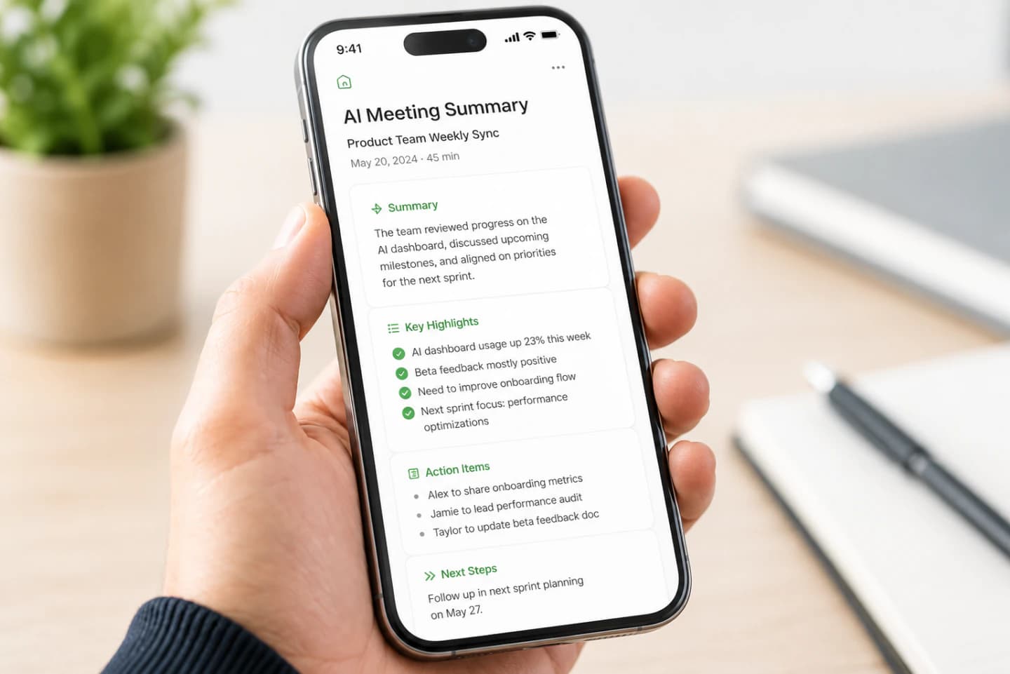 Phone screen showing a clean AI meeting summary document with green highlights in dark mode