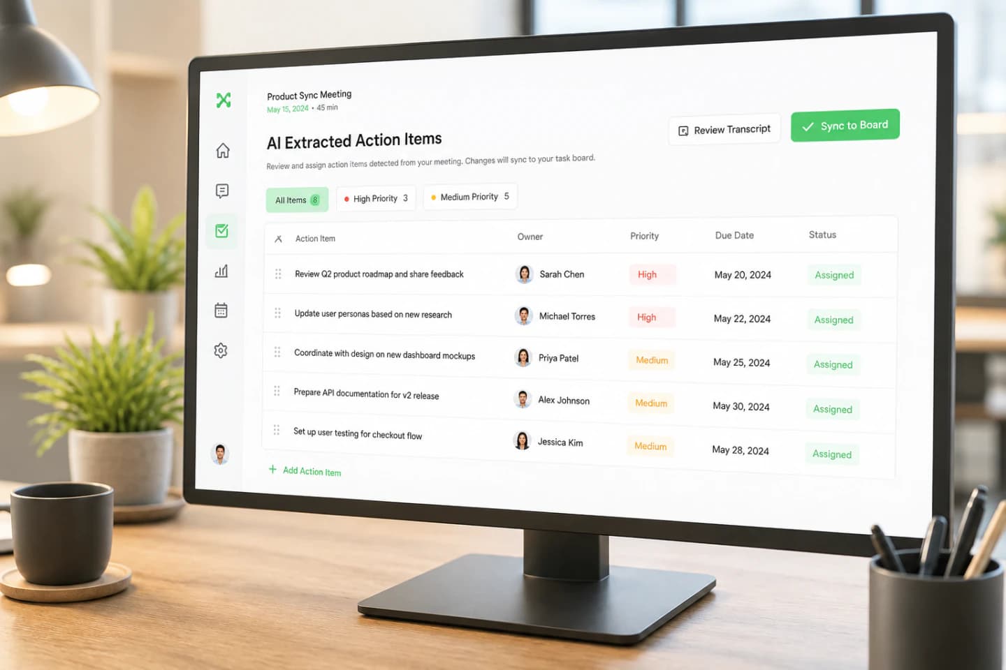 Dark dashboard showing a task board with AI-extracted meeting action items and owner assignments