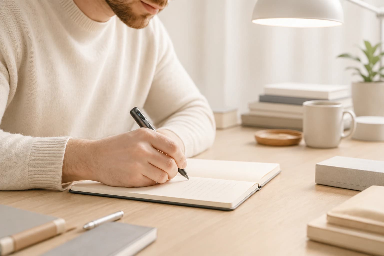 Person writing fluidly with an elegant AI pen at a dark desk under a warm overhead lamp