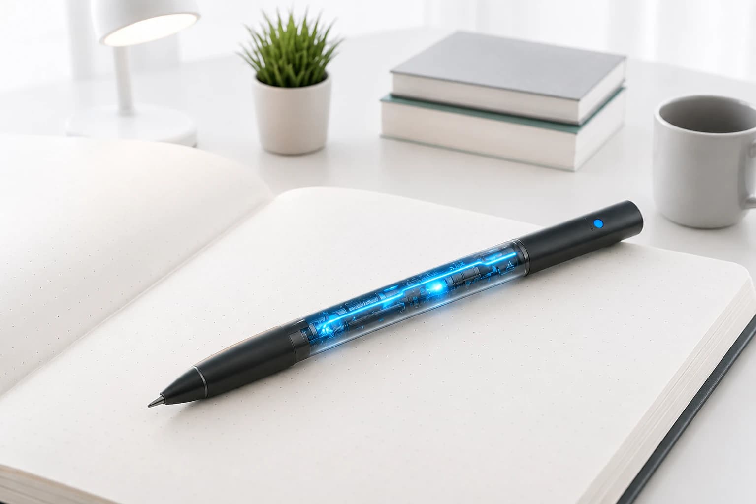 Sleek AI smart pen resting on an open notebook under a warm amber studio glow