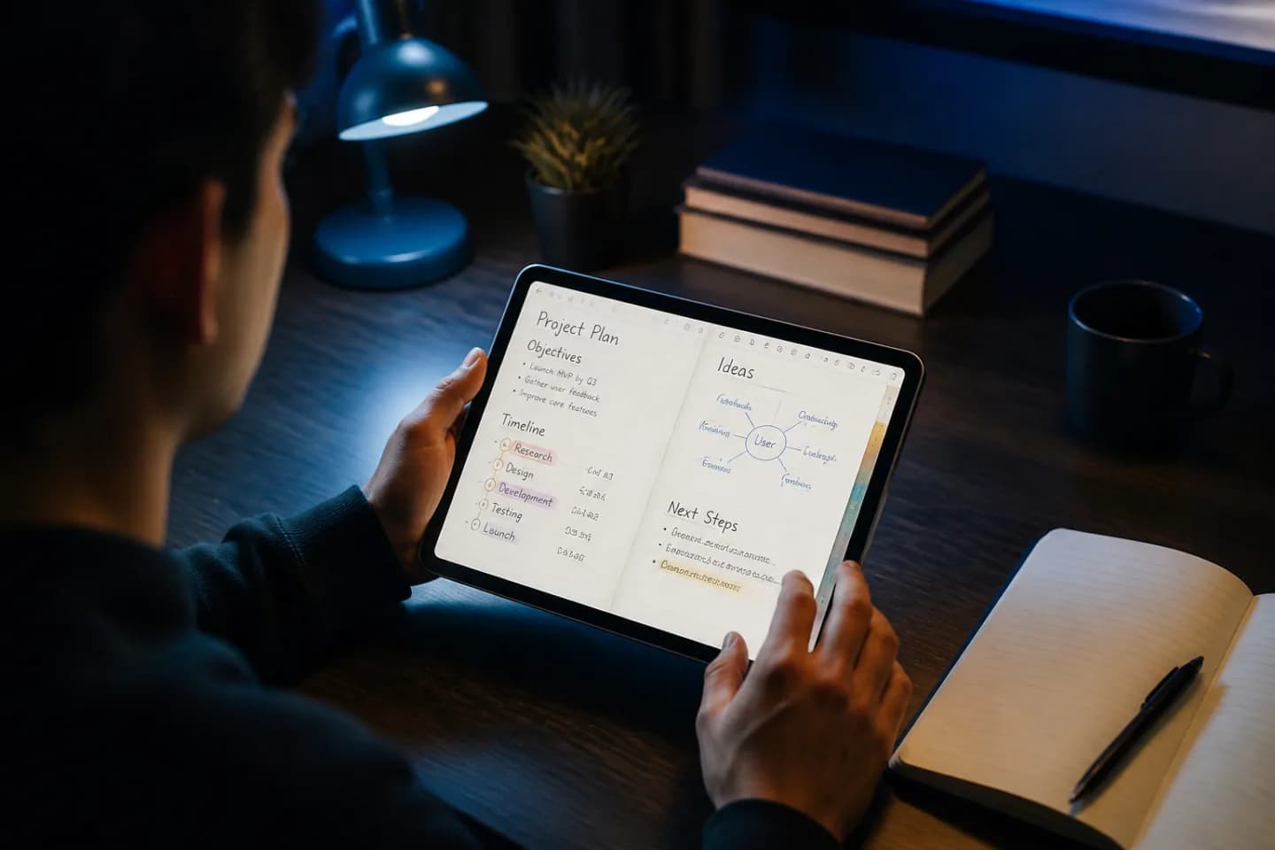 Person flipping through a neatly organized digital notebook on a tablet in a dark room