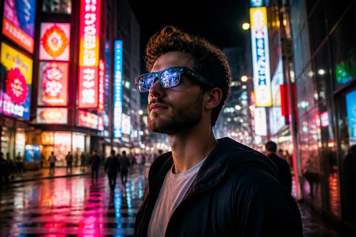 Person wearing ReNote AI smart glasses walking through a vibrant city street at night