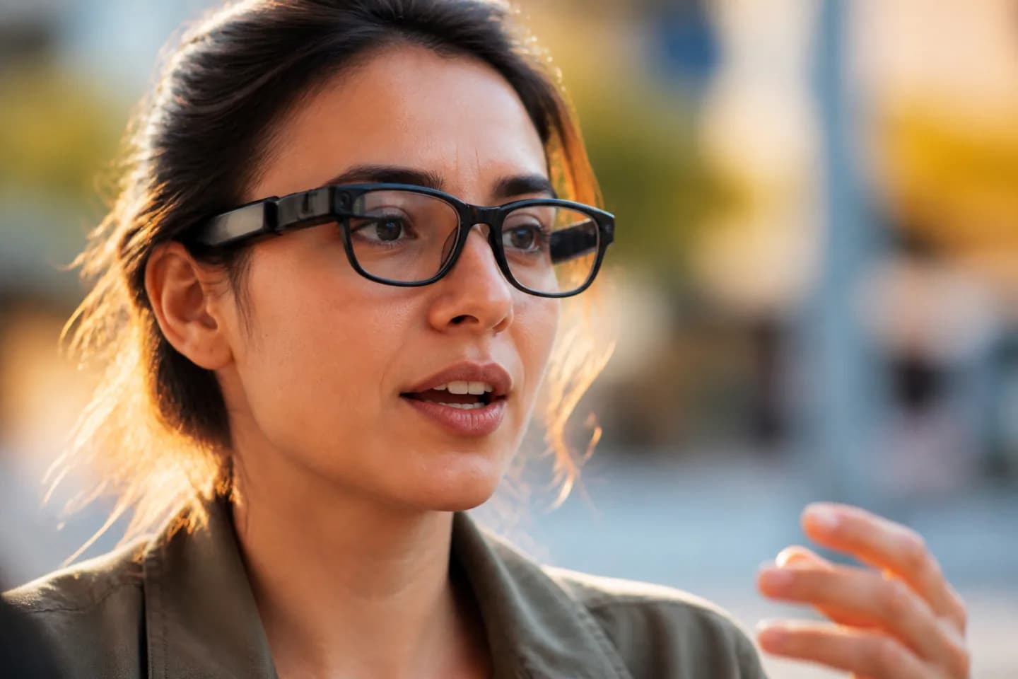 Close-up of a person speaking naturally while wearing AI glasses outdoors at golden hour