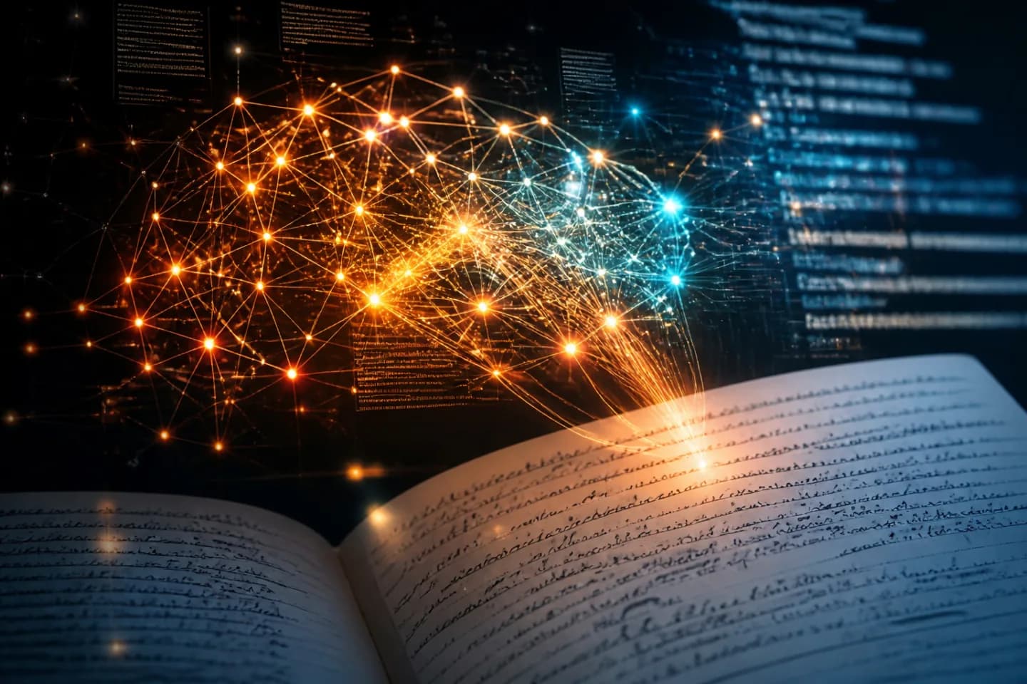 Abstract visualization of AI processing handwritten notes as a glowing neural network