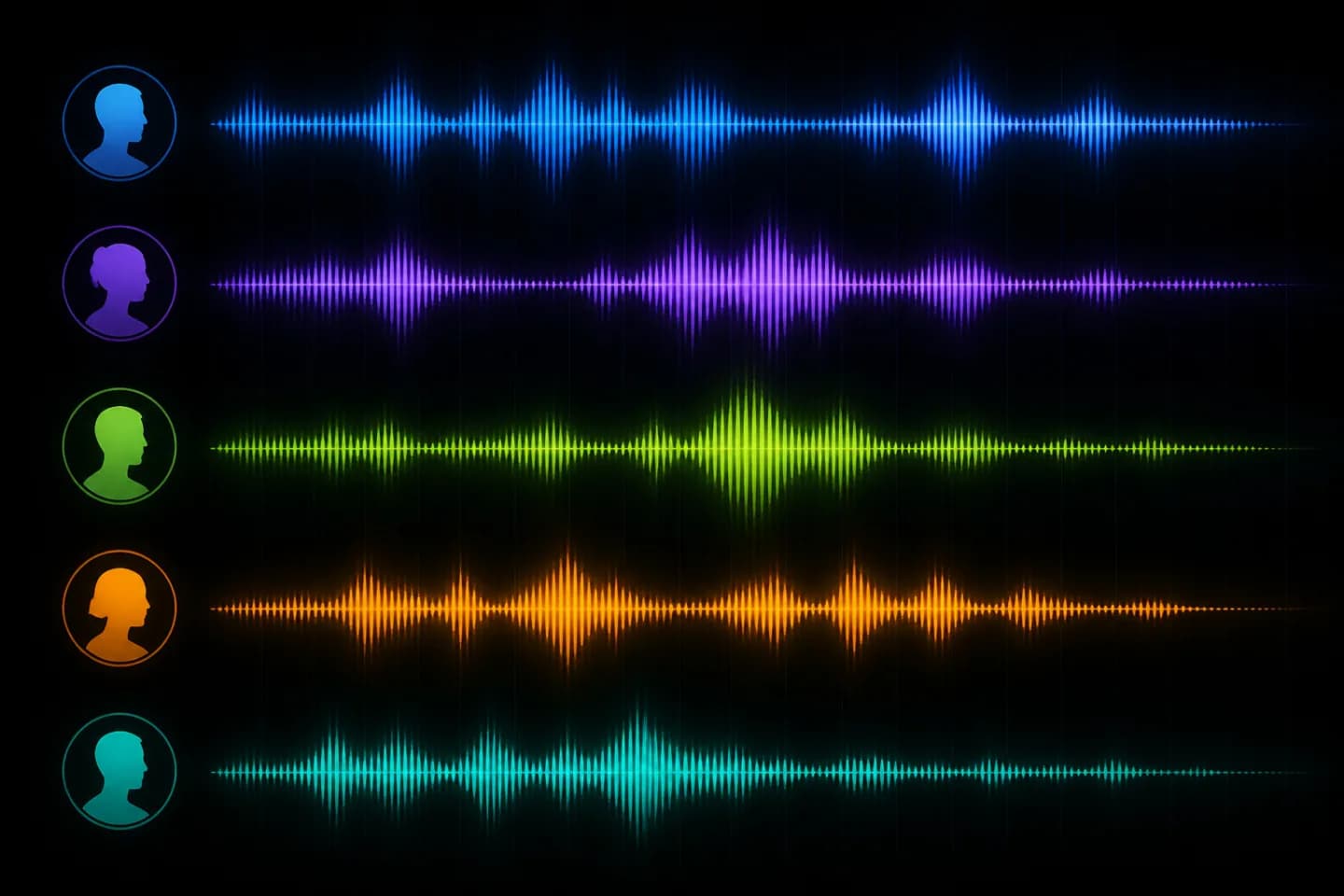 Multiple coloured voice waveforms on a dark background, each labelled with a speaker