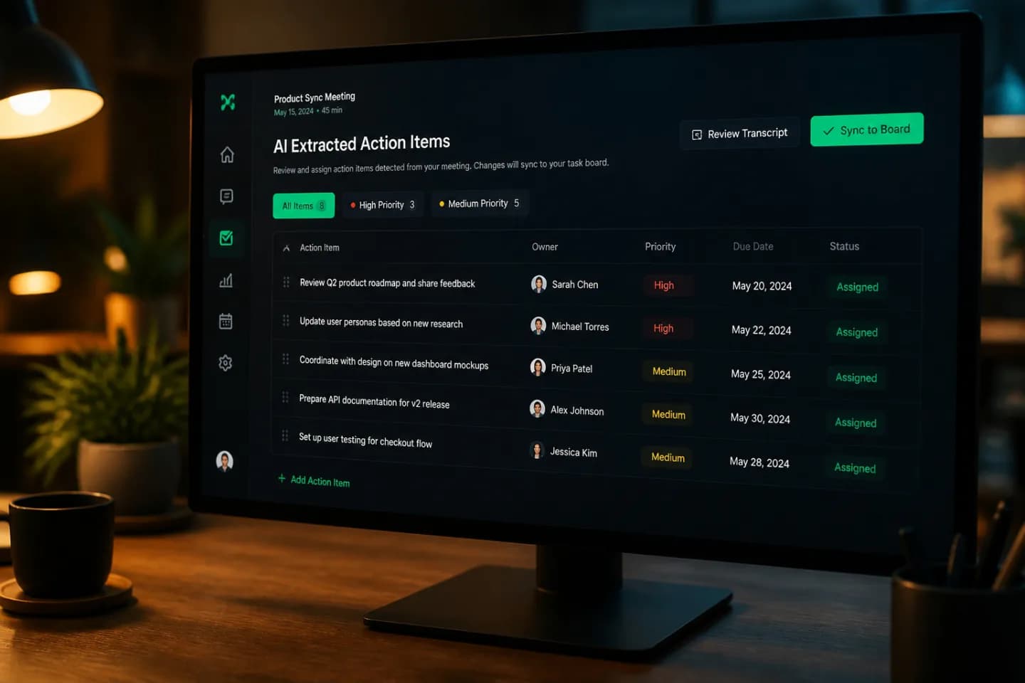 Dark dashboard showing a task board with AI-extracted meeting action items and owner assignments