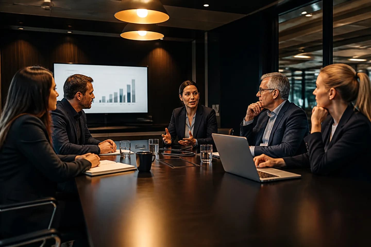 Professional business meeting around a dark conference table