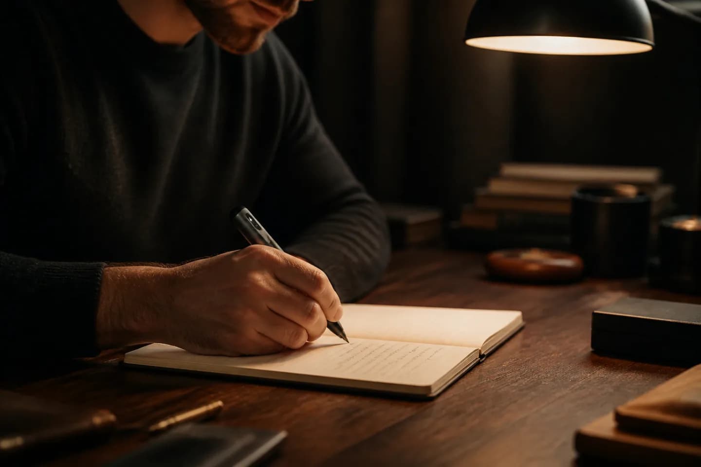 Person writing fluidly with an elegant AI pen at a dark desk under a warm overhead lamp