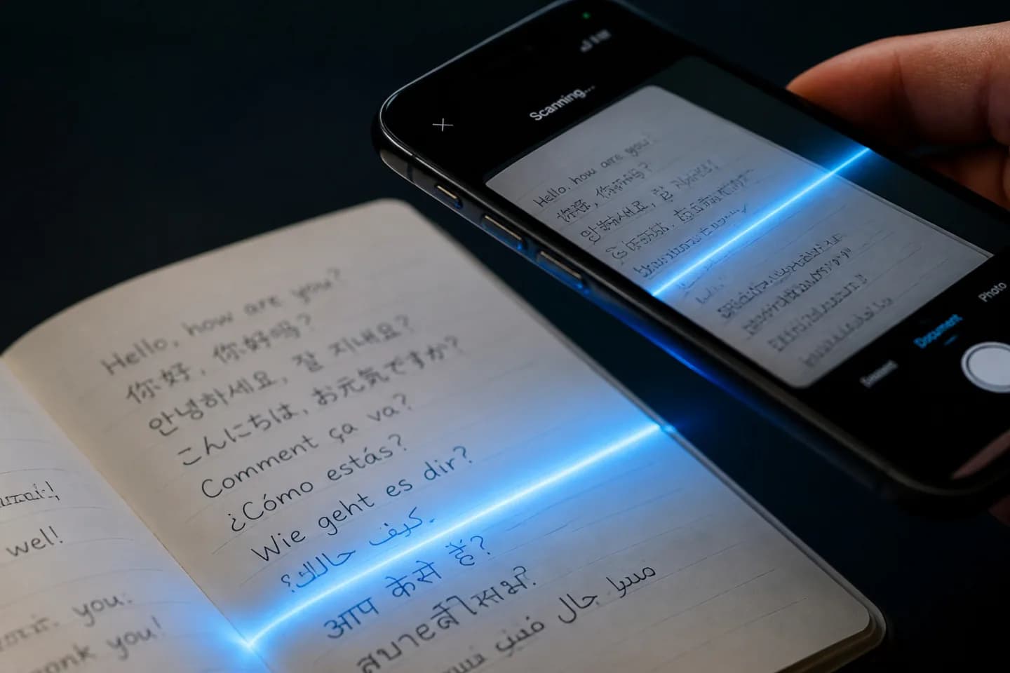 Close-up of a handwritten notebook page being digitized by a phone with a blue light sweep