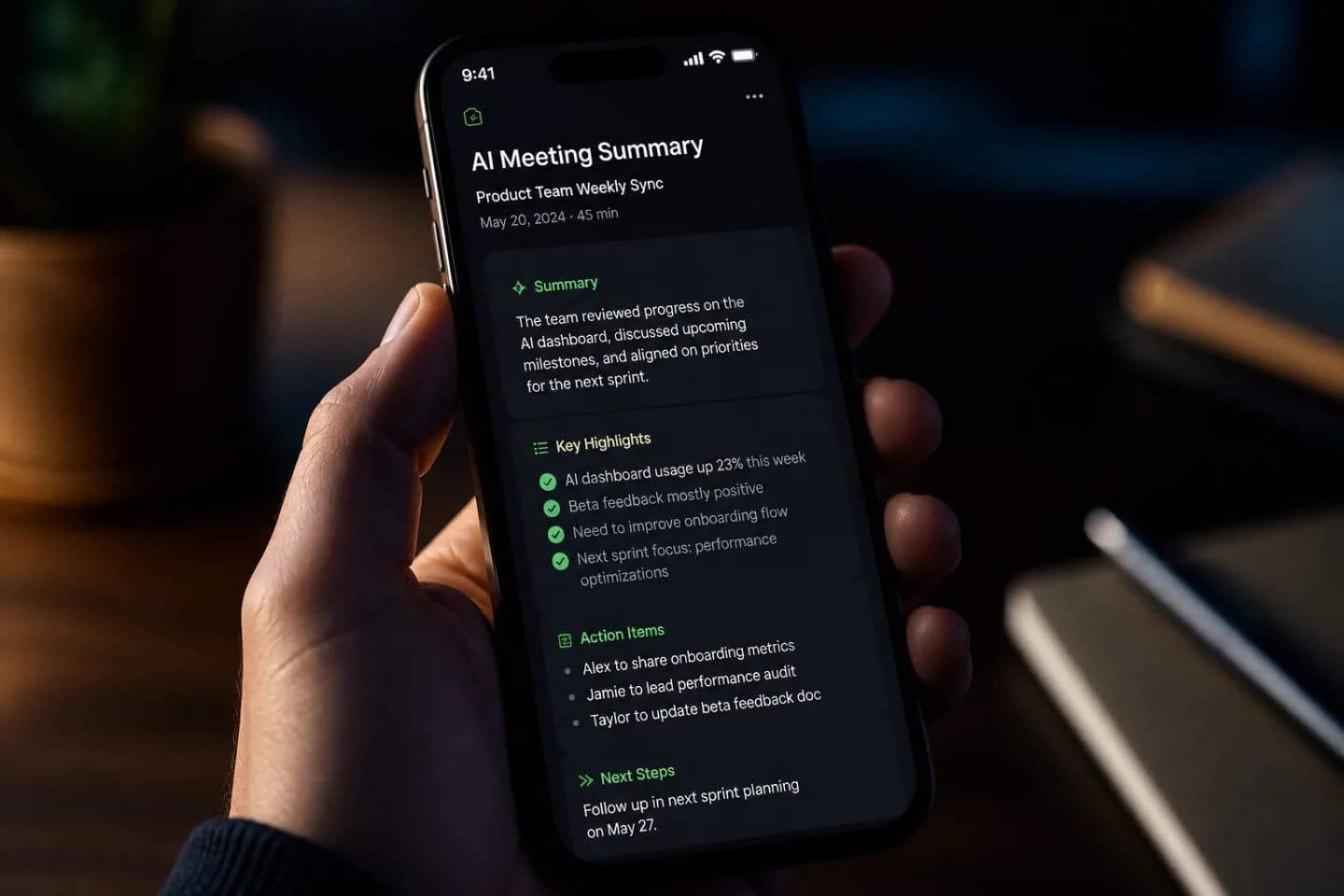 Phone screen showing a clean AI meeting summary document with green highlights in dark mode