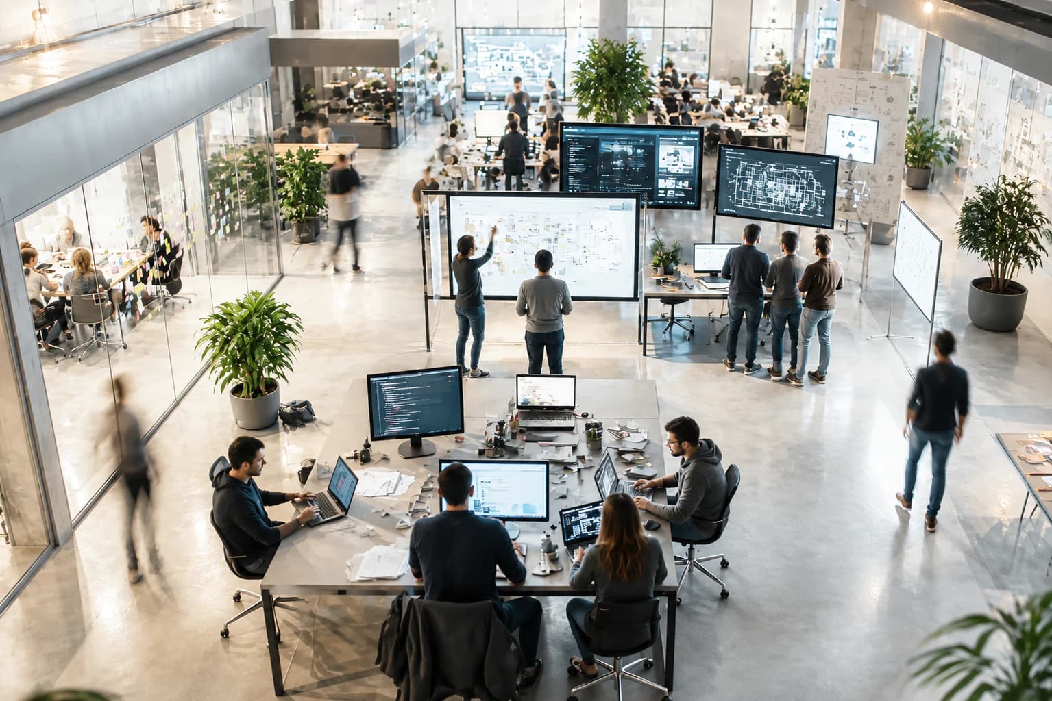A modern tech research studio with people collaborating around glowing screens