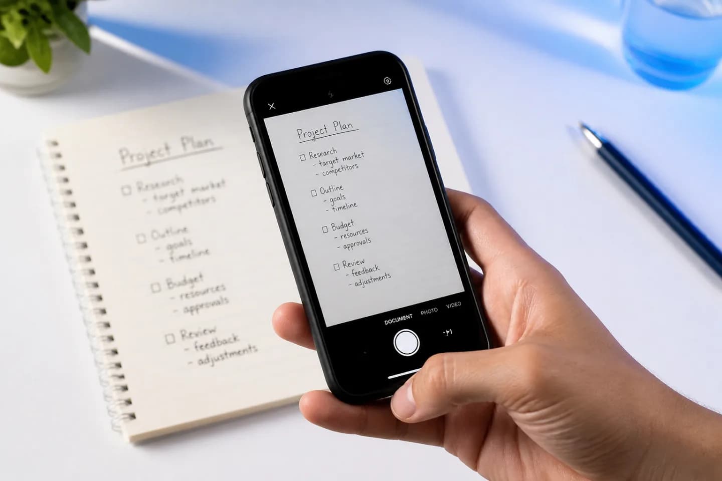 Phone scanning a handwritten notebook page with a blue glow