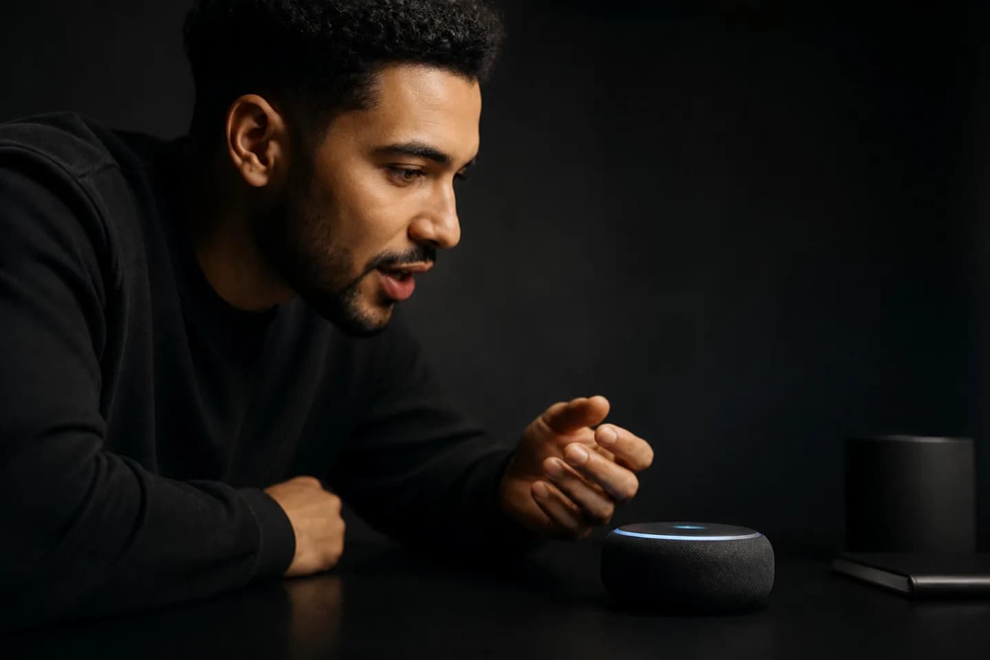Person speaking into a small AI device in a minimalist dark studio