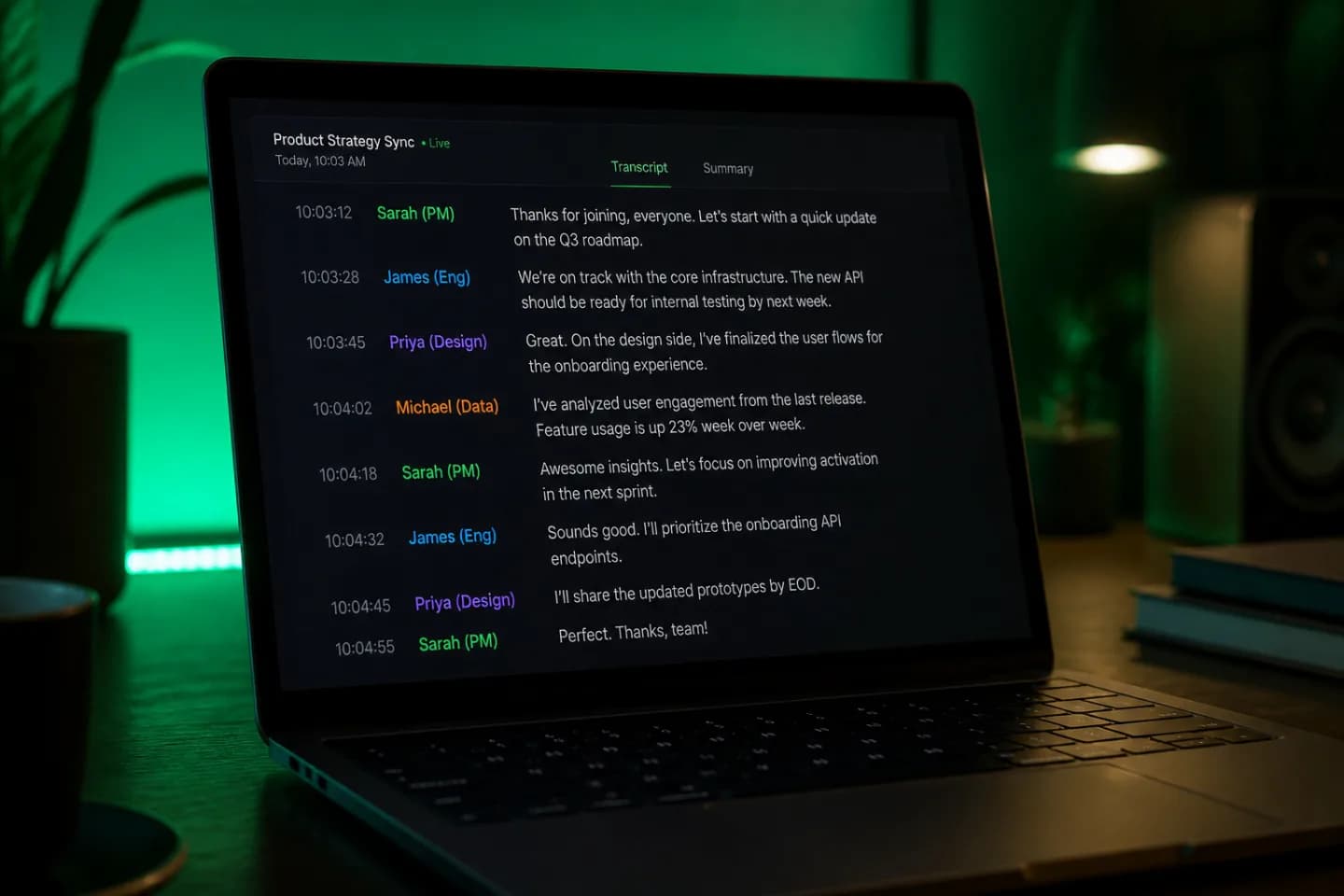 Dark laptop screen showing a live meeting transcript with colored speaker labels and timestamps