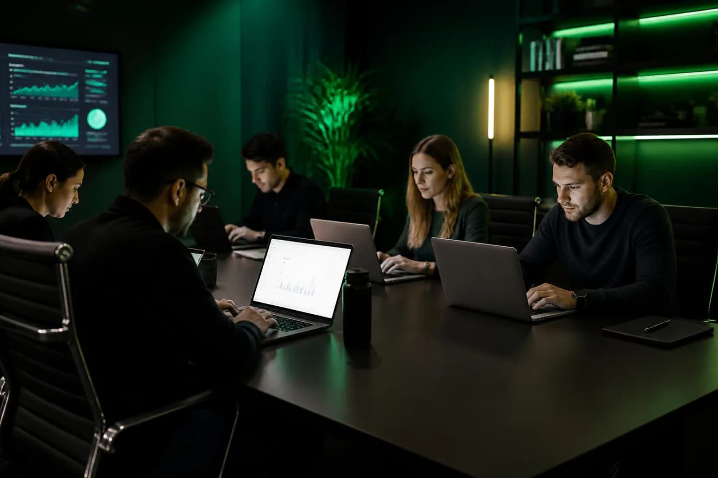 Professional team in a modern dark conference room with glowing laptop screens