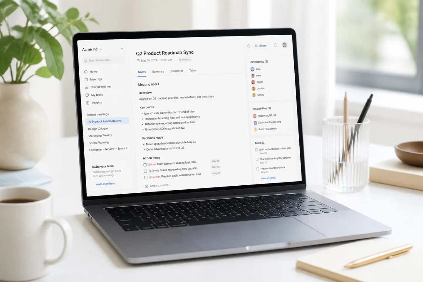 Laptop showing an AI meeting-notes panel