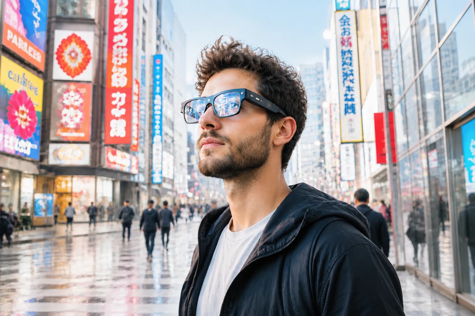 Person wearing ReNote AI smart glasses walking through a vibrant city street at night