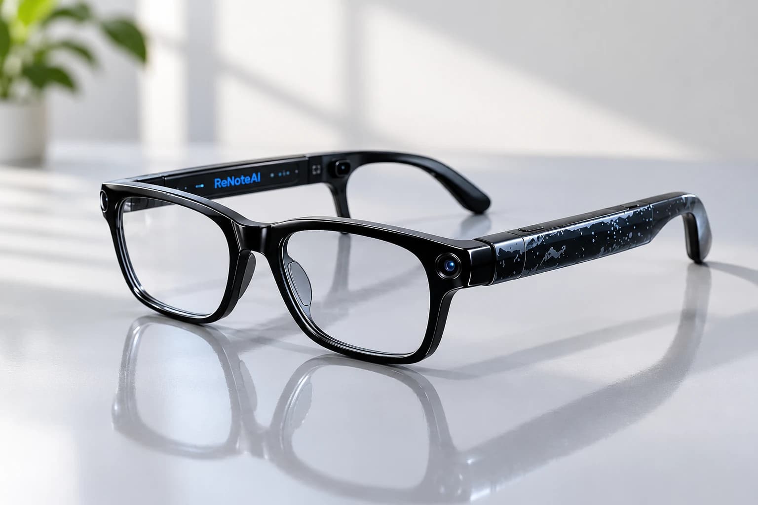Sleek futuristic ReNote AI smart glasses on a dark reflective surface with a teal-blue glow