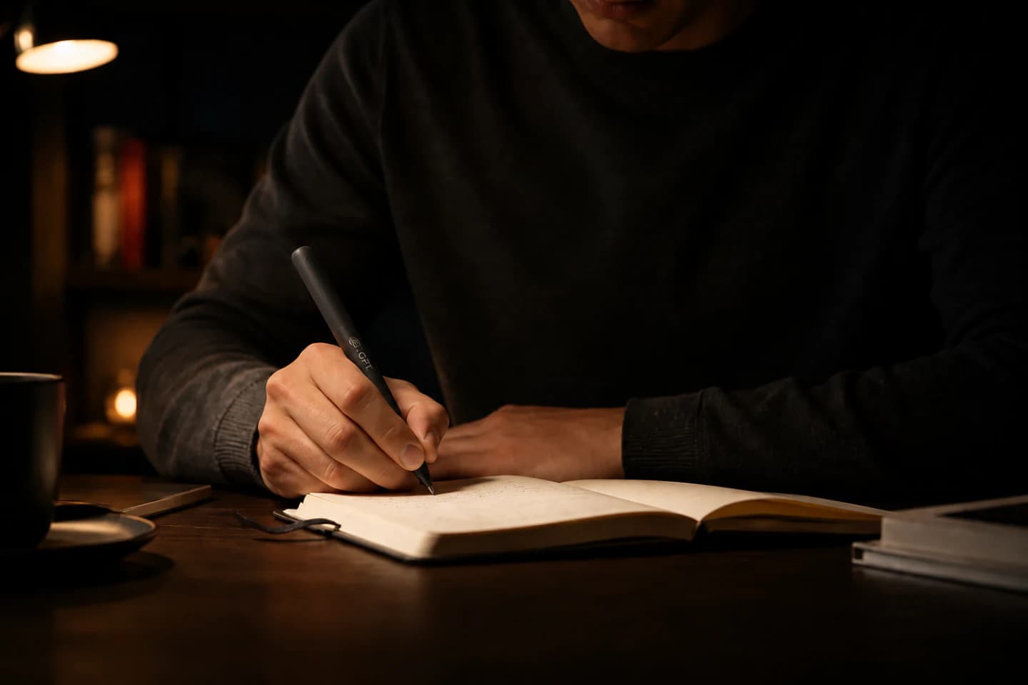 Person writing with a sleek AI smart pen in a warmly lit dark studio