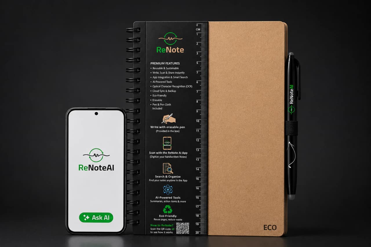 Eco-friendly ReNote notebook with natural texture on a dark background with a green accent