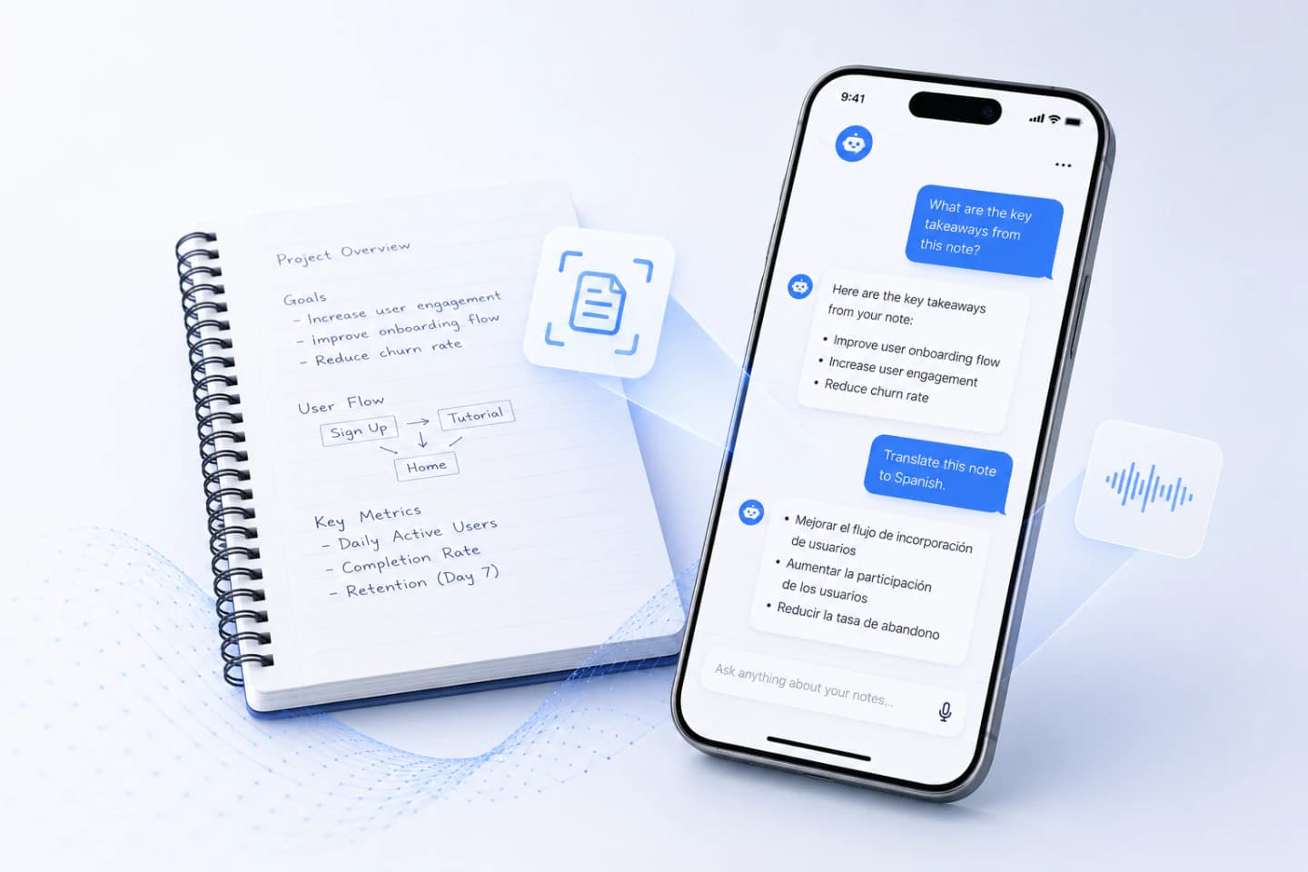 Phone screen showing an AI chat assistant answering questions about handwritten notes