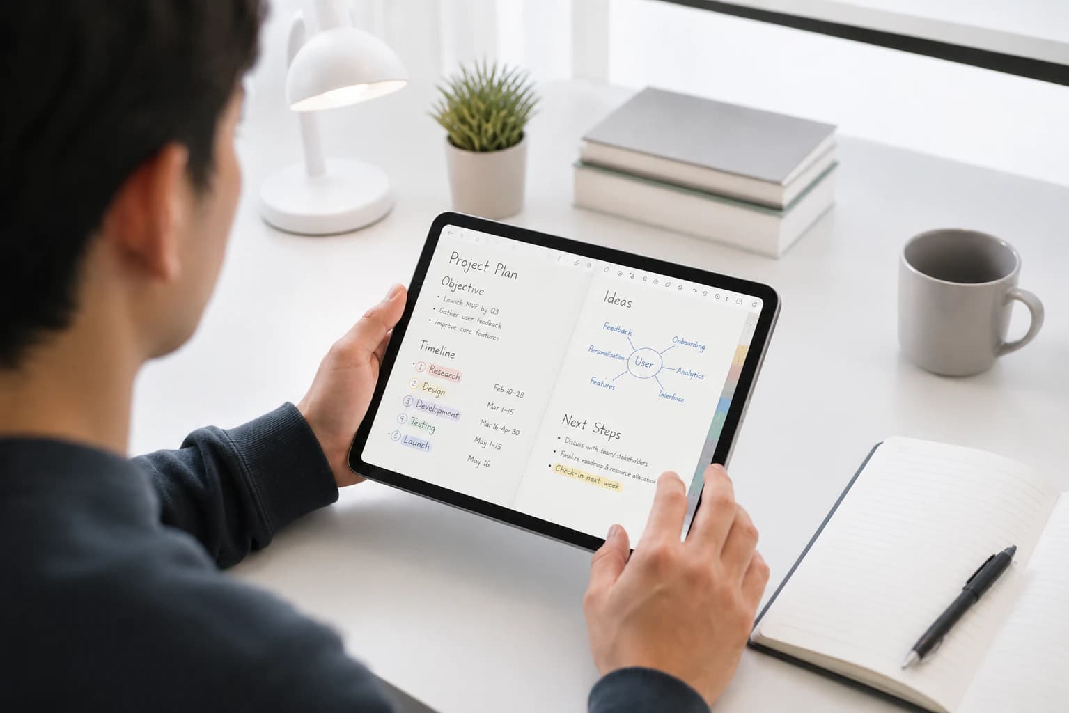 Person flipping through a neatly organized digital notebook on a tablet in a dark room