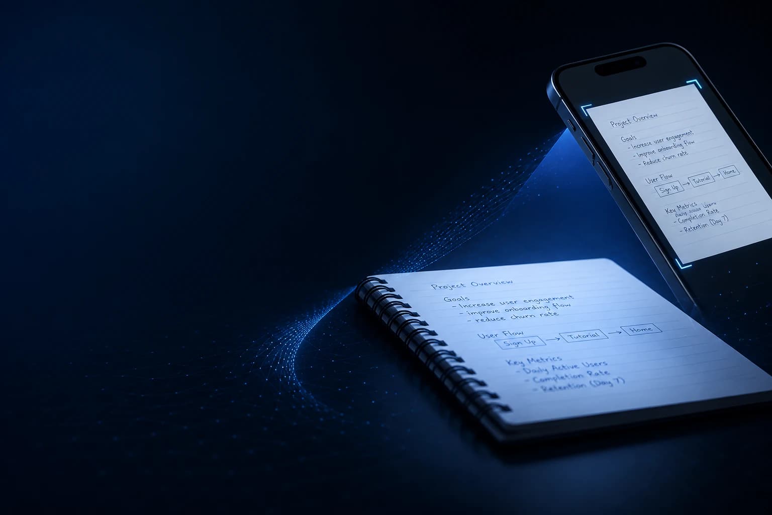 Sleek smartphone scanning a handwritten notebook page with a crisp blue scanning beam