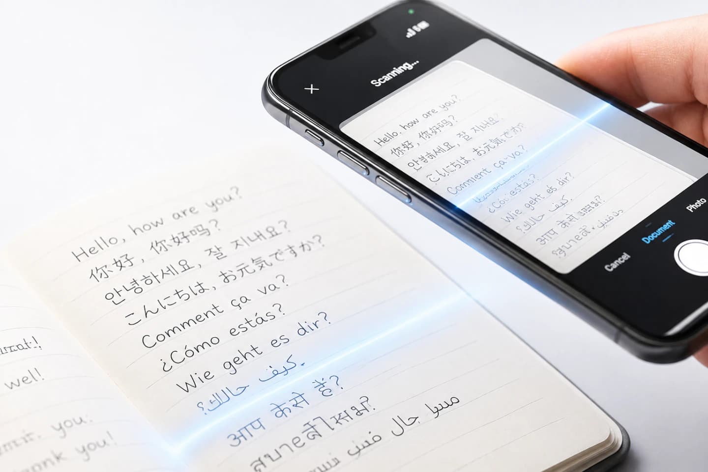 Close-up of a handwritten notebook page being digitized by a phone with a blue light sweep
