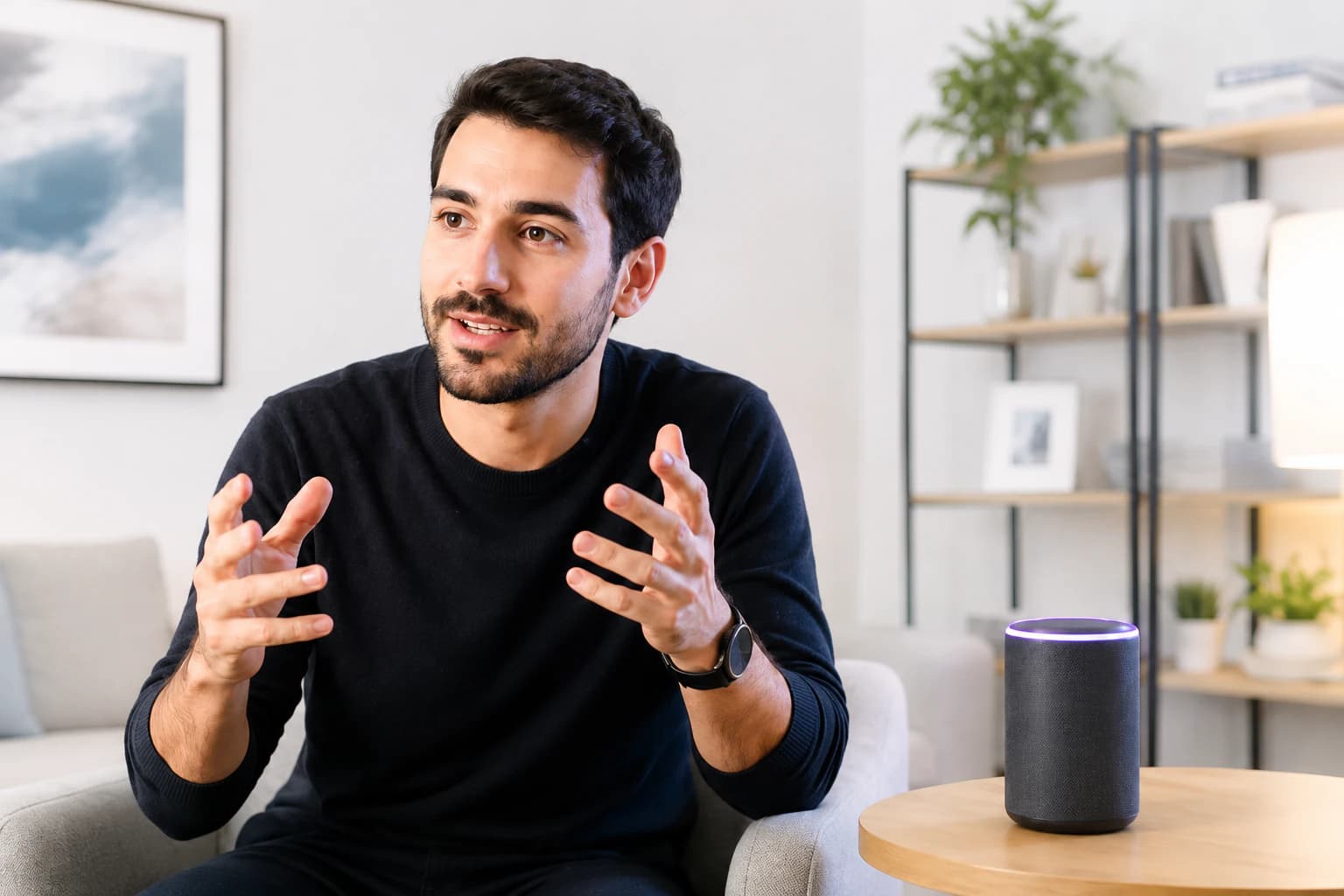 Person speaking in a softly lit dark room with a ReNote Voice device nearby
