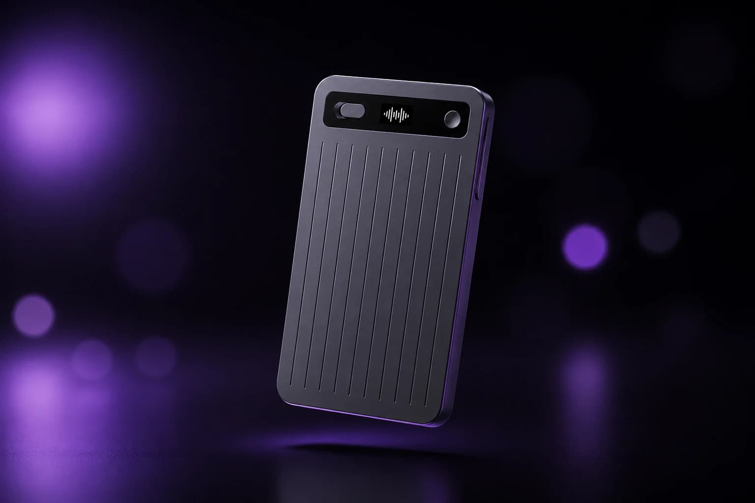 ReNote Voice AI recorder floating against a dark, purple-lit studio backdrop
