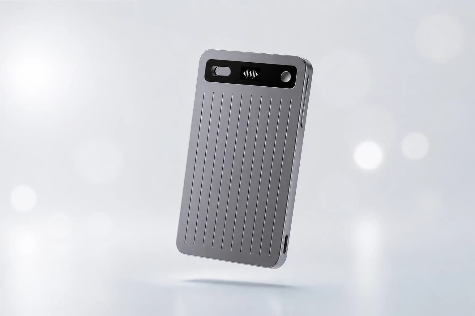 ReNote Voice AI recorder floating against a dark, purple-lit studio backdrop