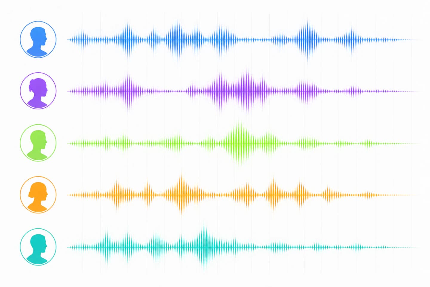 Multiple coloured voice waveforms on a dark background, each labelled with a speaker